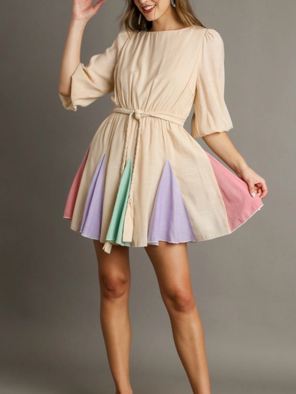 Umgee Cream Mini Dress with Pastel Panel Inserts